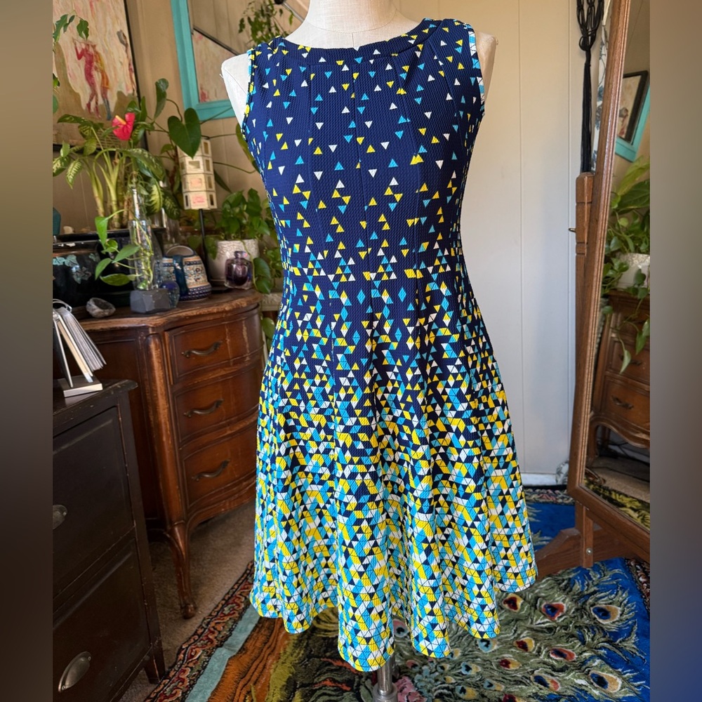 Haani Geometric Patterned Blue/yellow Dress, medium